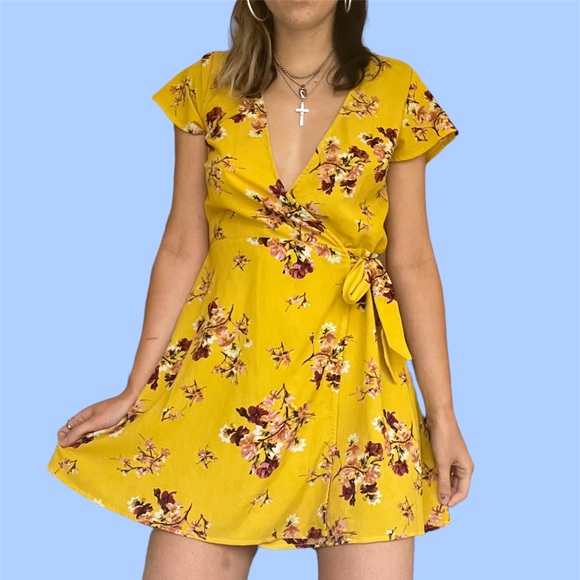 H&M | Dresses | Boho 7s Inspired Yellow Floral Wrap Dress | Poshmark